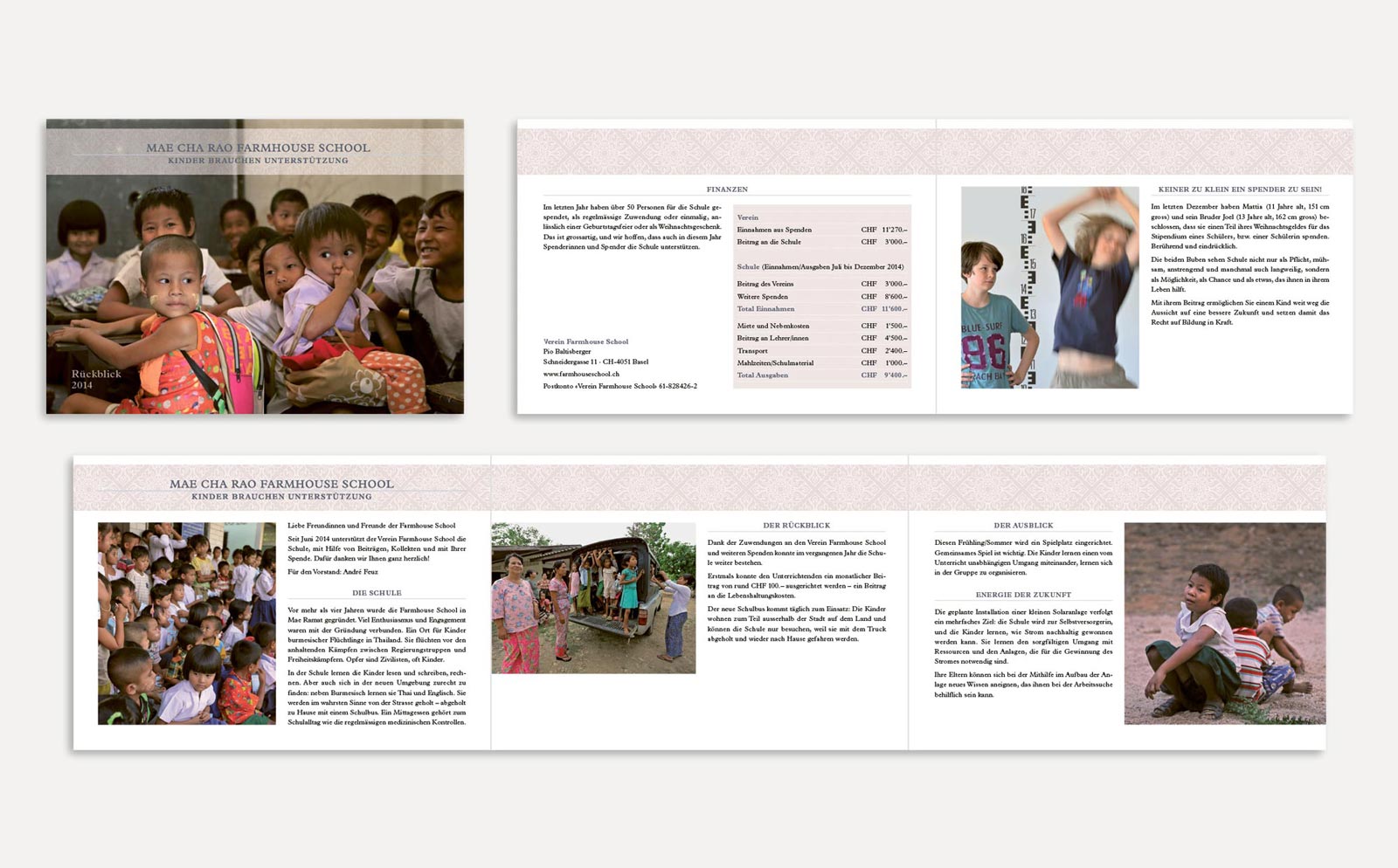 Gestaltung Jahresbericht Mae Cha Rao Farmhouse School Mae Sot Thailand Ansicht verschiedener Inhaltsseiten