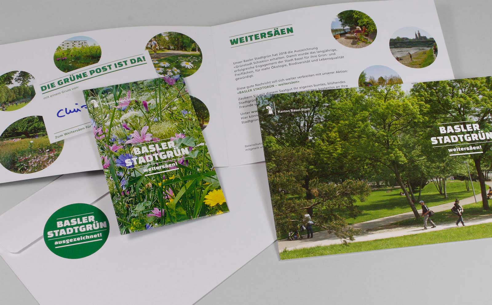 Komplettes Mailing der Kampagne Basler Stadtgrün ausgezeichnet im Auftrag des Kantons Basel-Stadt