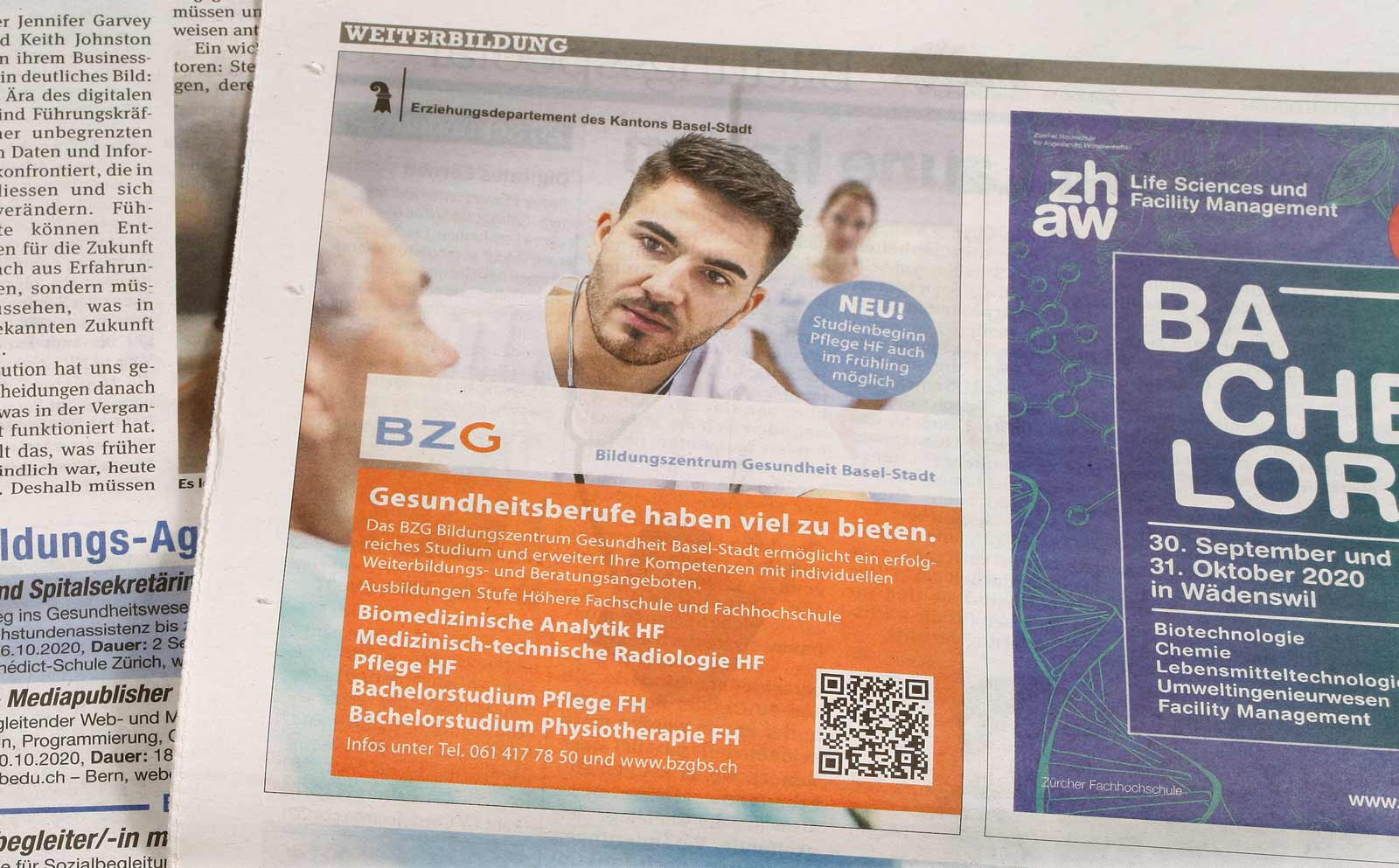 Gestaltung von Inseraten für die Kampagne BZG Bildungszentrum Gesundheit Basel-Stadt Erziehungsdepartement BS