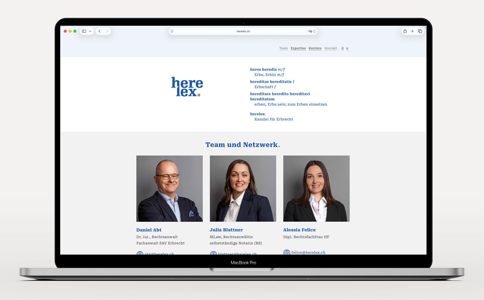 Corporate Design Gestaltung und Konzept Erscheinungsbild, Logo und Webdesign für herelex. Kanzlei für Erbrecht Basel